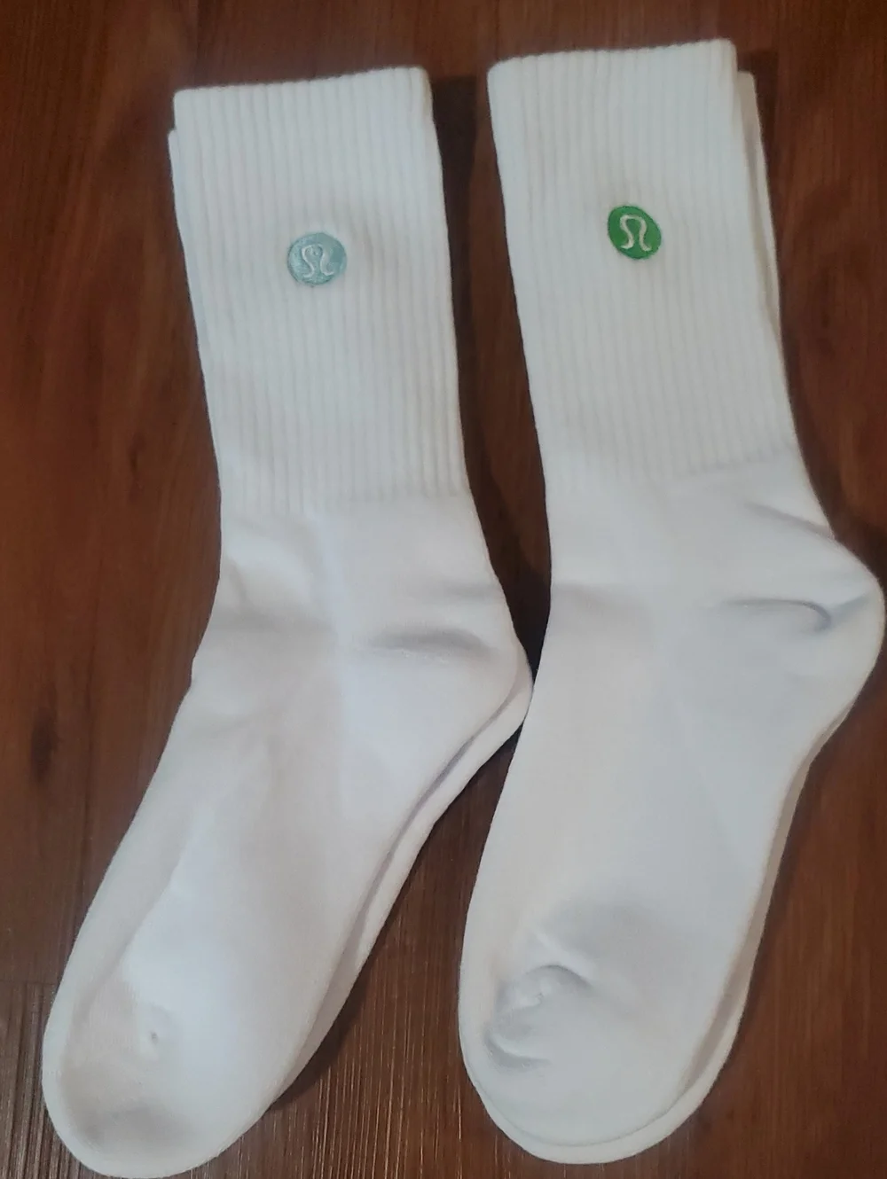 lululemon athletica White Crew Socks with Green and Teal Logo Accents